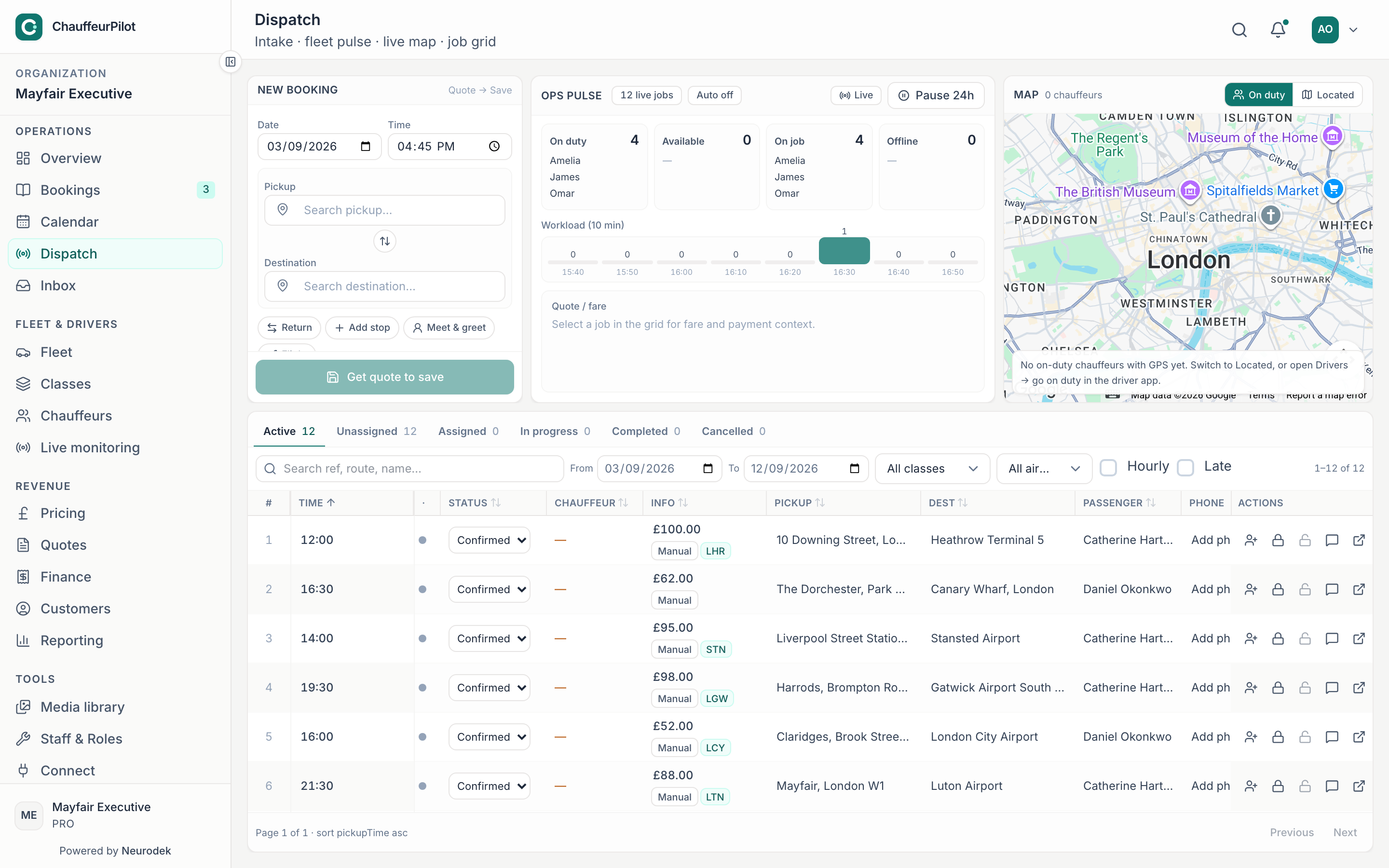 ChauffeurPilot live dispatch board