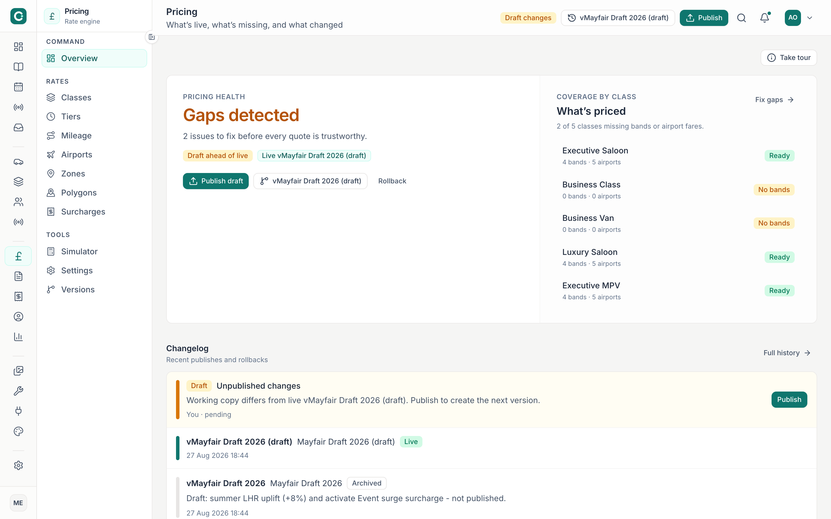 ChauffeurPilot pricing overview with fare rules